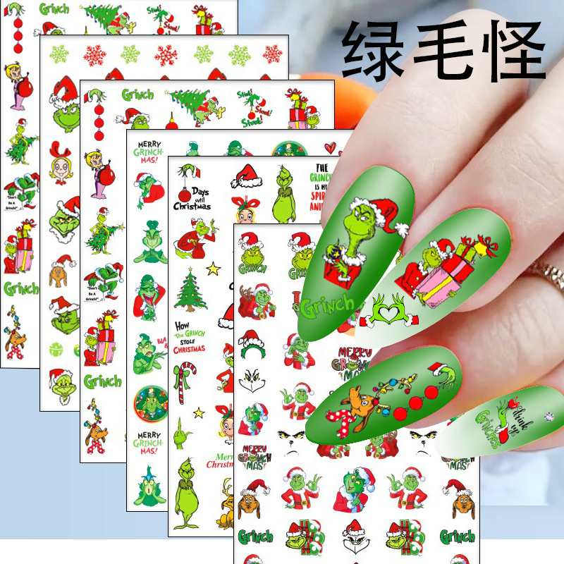 Crossover Christmas Cartoon Grinch Green Hair Monster Nail Stickers 12/Set