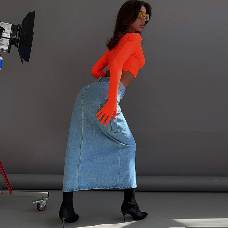 Damen 2024 Sommer Neue Mode Einfarbig Slim Fit Offene Nabelschnur Rundhals Langarm Handschuh T-Shirt Top_voghion.com