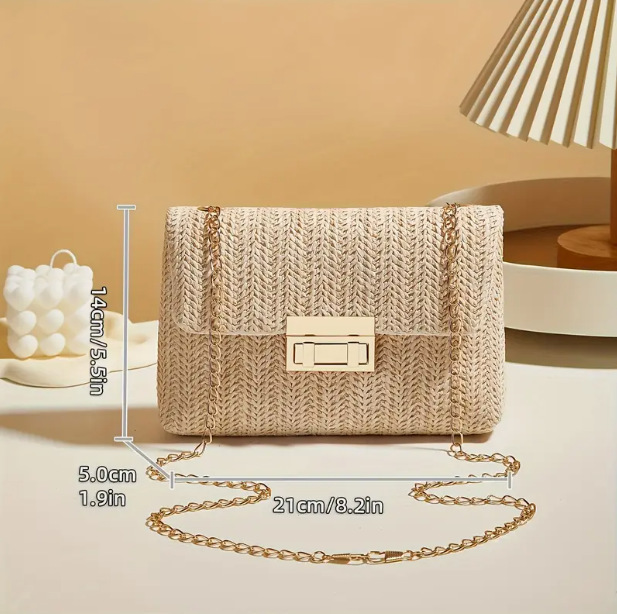 Bolsos de hombro de moda de paja de doble cerradura de viento dulce 2024 verano nueva moda versátil cadena de transporte de viaje bolsa de mochila image 3