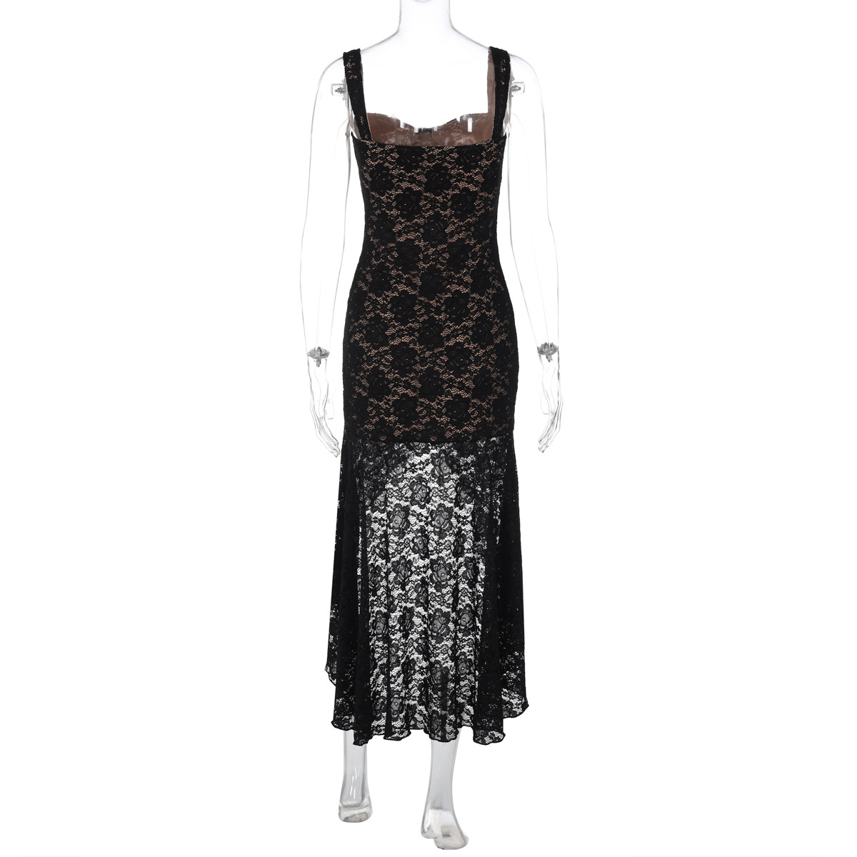 Suspenders Sexy Lace Low Cut Slim Fit Sheath Irregular Asymmetric Swing Circumference Dress