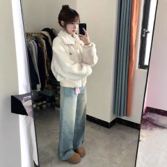 韩系学院风摇粒绒拉链翻领外套女秋冬季宽松小个子短款羊羔毛上衣