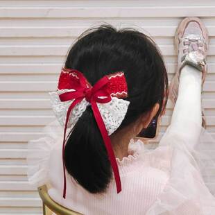 Original Handmade Small Chanel Style Children's Big Bow Horsetail Top Clip Lace Ribbon Big Red Duckbill Clip Hair Accessories