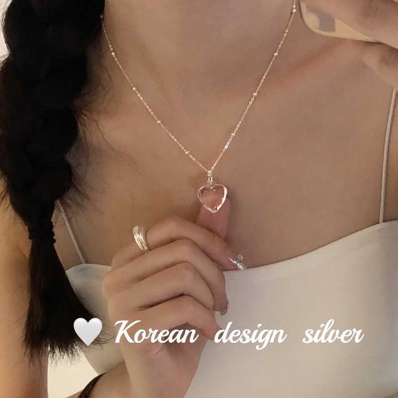 韓國ins風高級感飾品 S925純銀透明愛心串珠項鍊 創意小眾鎖骨鏈