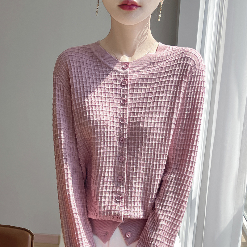 2026 Fall/Winter New Silk Wool Round Neck Knit Cardigan Long Sleeve Women's Waffle Pattern Loose Versatile Top 2026 Fall/Winter New Silk Wool Round Neck Knit Cardigan Long Sleeve Women's Waffle Pattern Loose Versatile Top