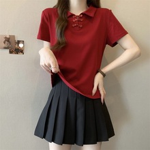 红色polo衫正肩短袖T恤女夏季大码微胖mm显瘦新中式国风盘扣上衣