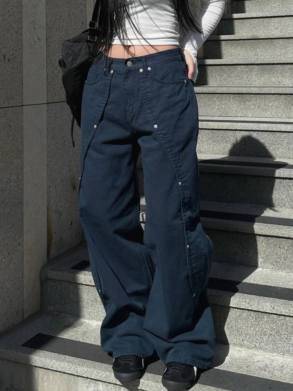 美式街头酷妹铆钉设计感不规则牛仔裤女跨境低腰宽松直筒休闲长裤|undefined