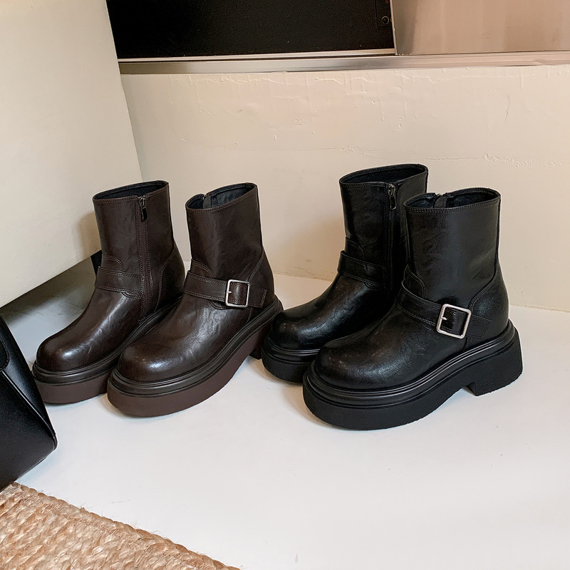 2026 Autumn/Winter New Style Belt Buckle Chunky Heel Martin Ankle Boots for Women, Thick-Soled Biker Boots, Fashionable Versatile Women's Boots
