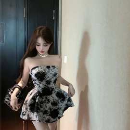 水墨画扎染印花抹胸裙上衣女修身小众辣妹外穿裙无肩带夏季设计感