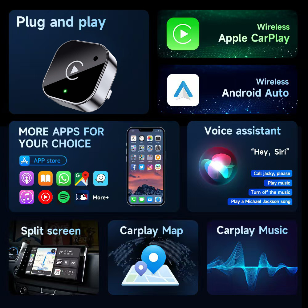 Cross-Border Popular Wireless Carplay Box Android Adapter Compatible with iPhone and Android Without Lag or Buffering