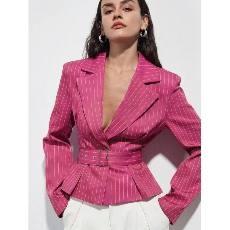 Cross-border Amazon European and American 2026 Autumn New Vintage Striped Fashion Slim-Fit Waist-Cinching Women's Blazer
