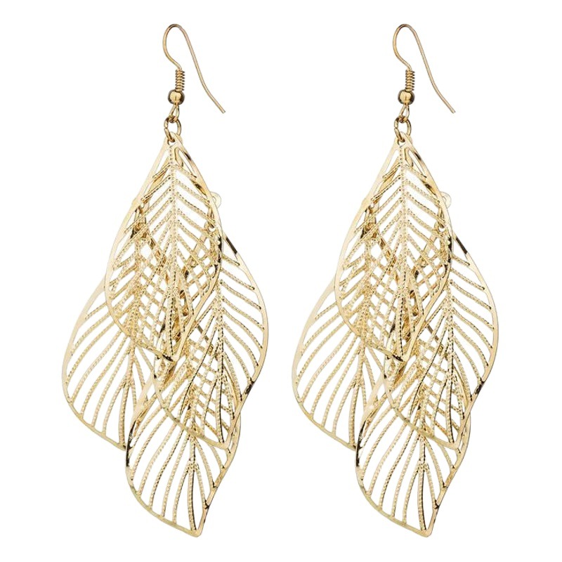 Fashionable Hollow Leaf Tassel Long Gold Metal Women's Earrings Earrings Manufacturer Wholesale