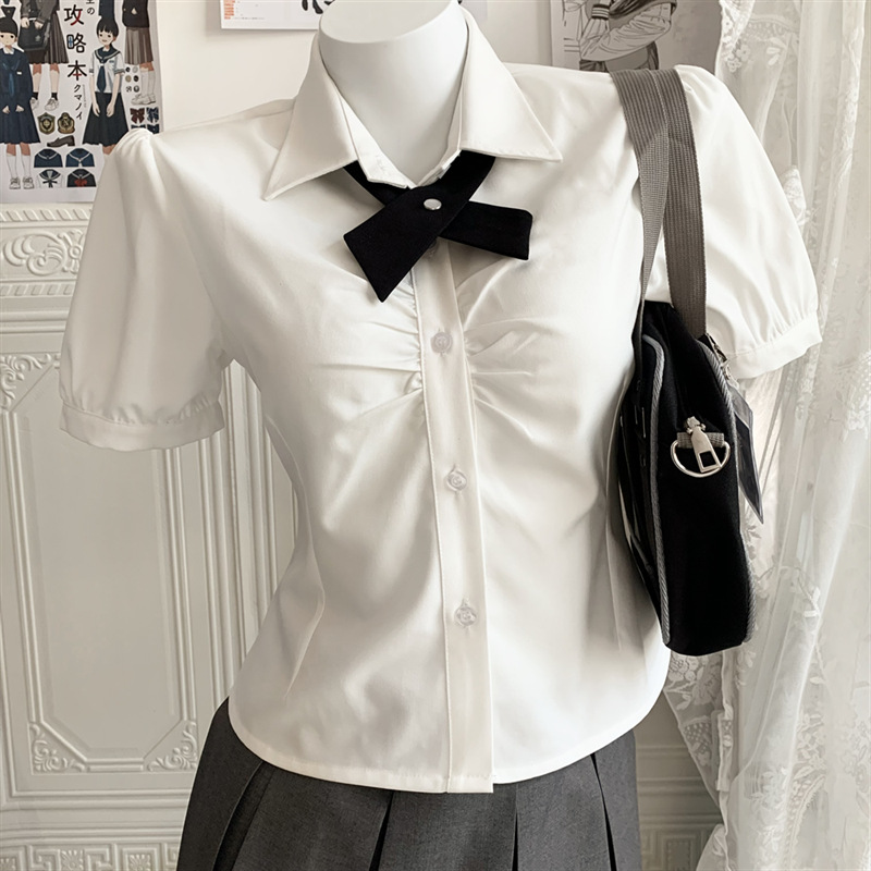 Xuejie Lace-up Slim Shirt Original Top Short-sleeved White Shirt Women's Summer K-style jk Shirt Waist Uniform