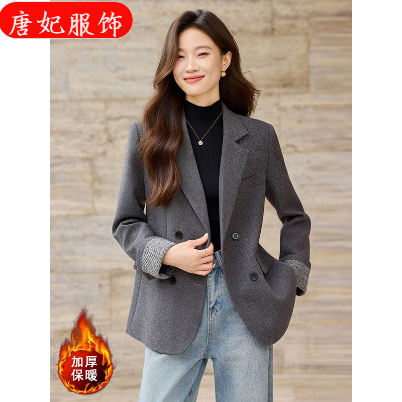跨境夹棉西装外套女冬季2025新款高级感宽松休闲加厚毛呢西服上衣
