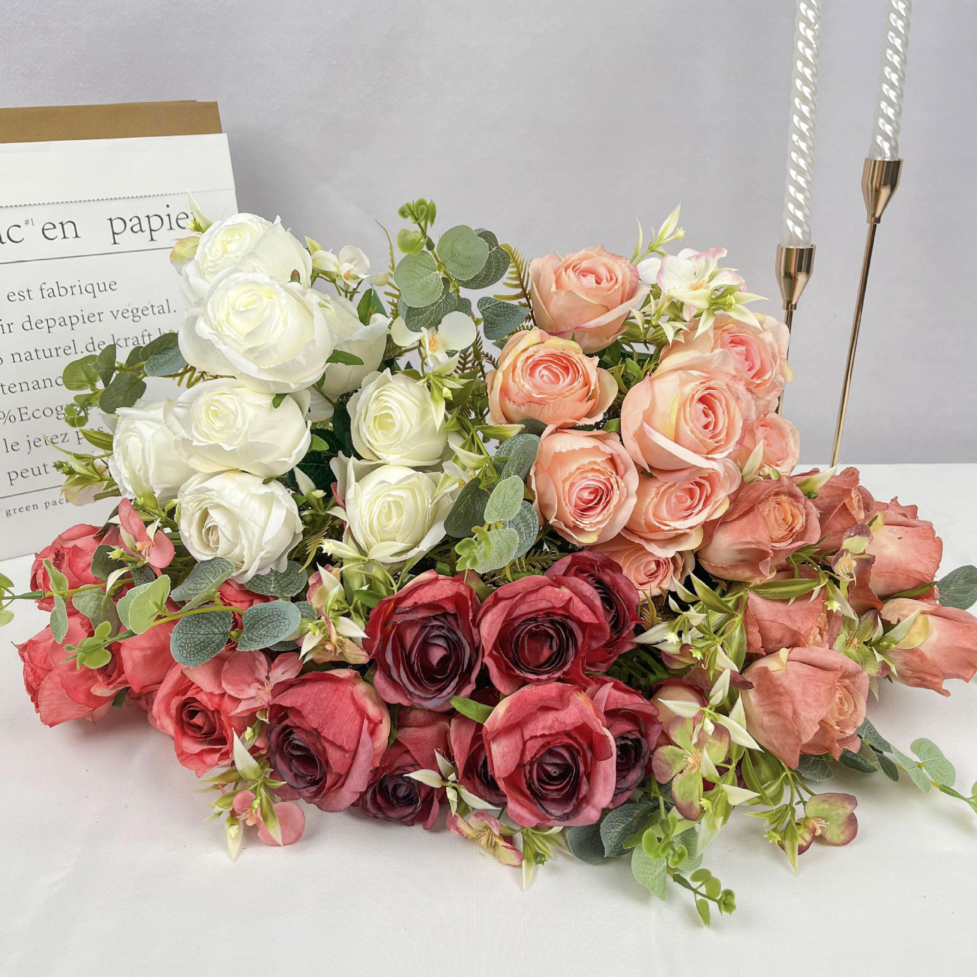 跨境批发婚庆用花仿真花干花束高级感成品9头米兰玫瑰假花