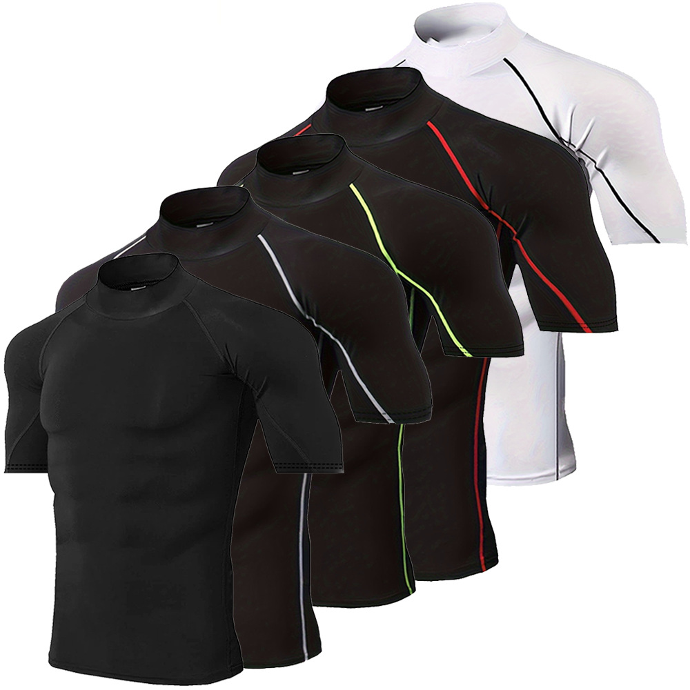 Men's Clothing Pro Men's High Neck Short Sleeve Sports Tights Solid Color Outdoor Training Suit Top For Formal & Casual_voghion.com