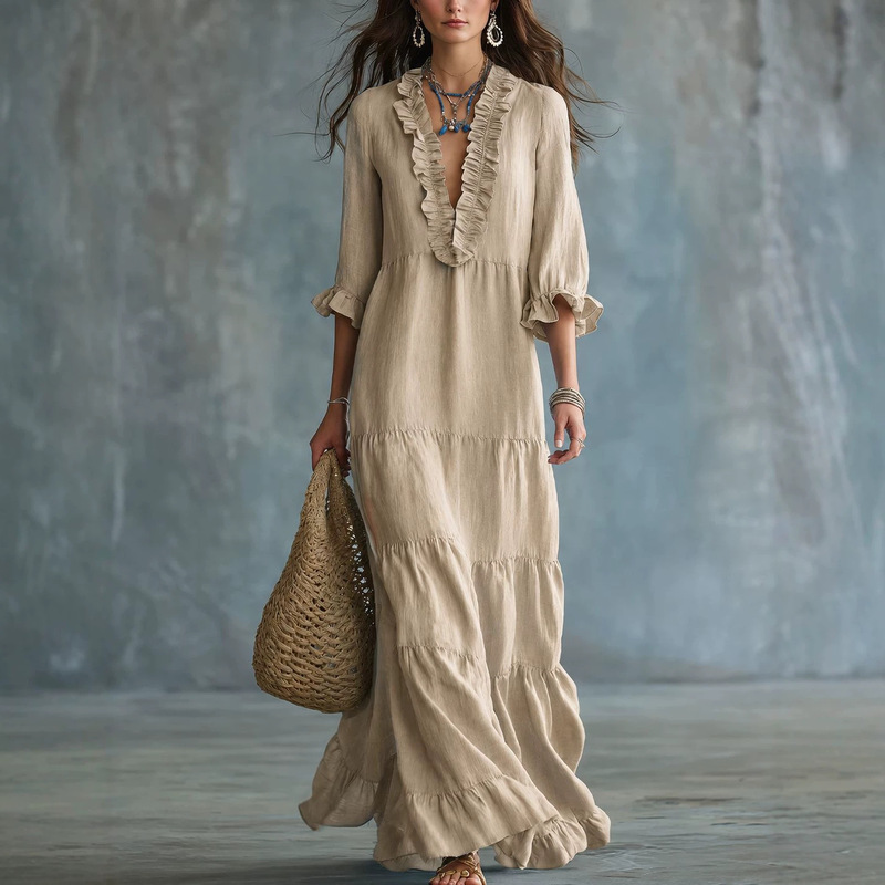 2026 New European and American Hot-Selling Elegant Long Dress Bohemian V-Neck Casual Flowing Long Ruffle Dress 2026 New European and American Hot-Selling Elegant Long Dress Bohemian V-Neck Casual Flowing Long Ruffle Dress