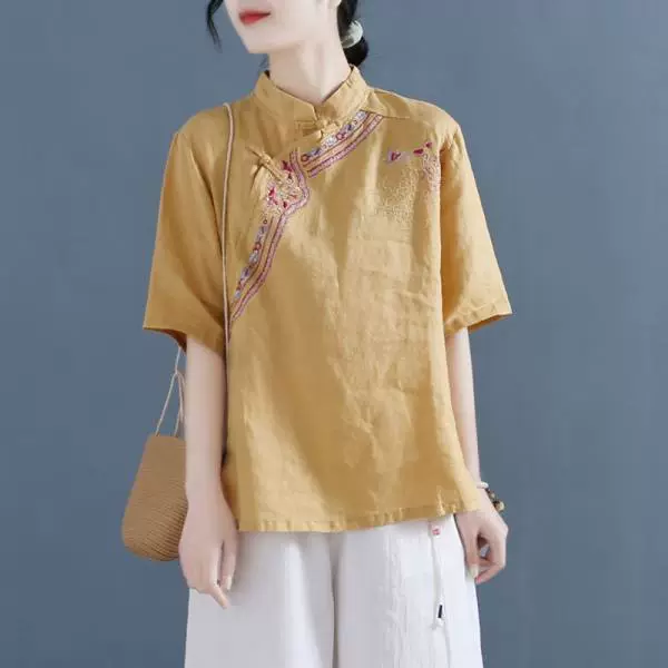 Рубашка из хлопка и льна женская с коротким рукавом 2024 Летняя футболка в новом художественном стиле, темперамент, футболка с пряжкой в китайском стиле
