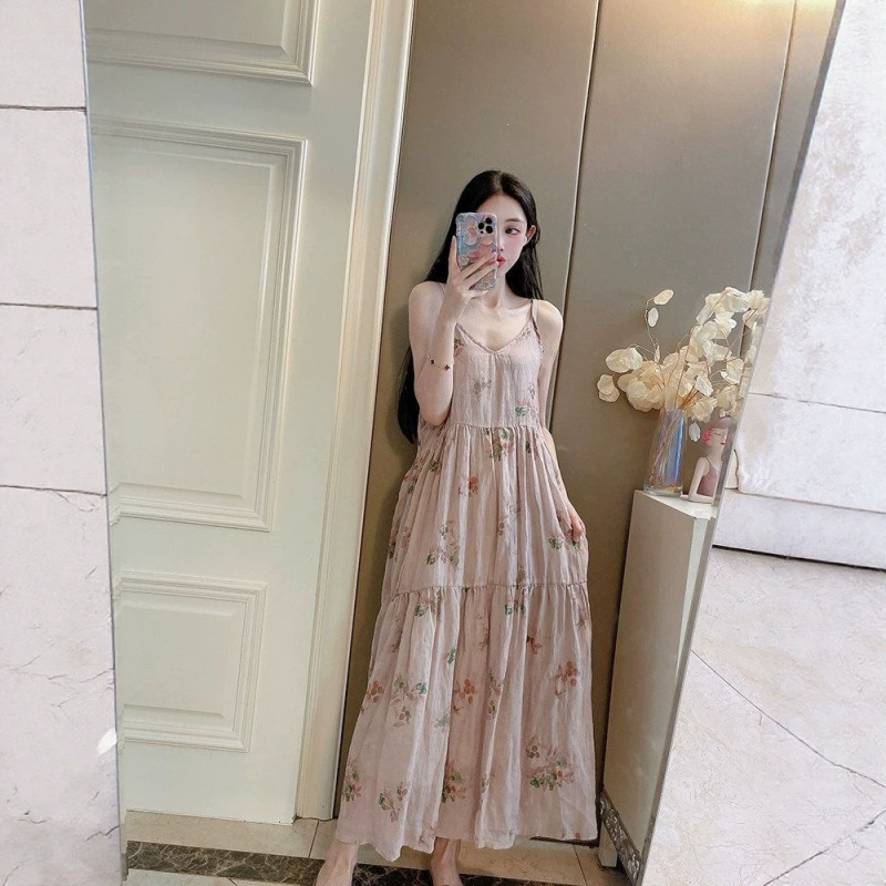 Cool and Refreshing Pure Ramie Floral Print Slip Dress, New Chinese Style, Flowy and Relaxed Vacation Wear, Over-The-Knee Slimming Long Dress Cool and Refreshing Pure Ramie Floral Print Slip Dress, New Chinese Style, Flowy and Relaxed Vacation Wear, Over-The-Knee Slimming Long Dress