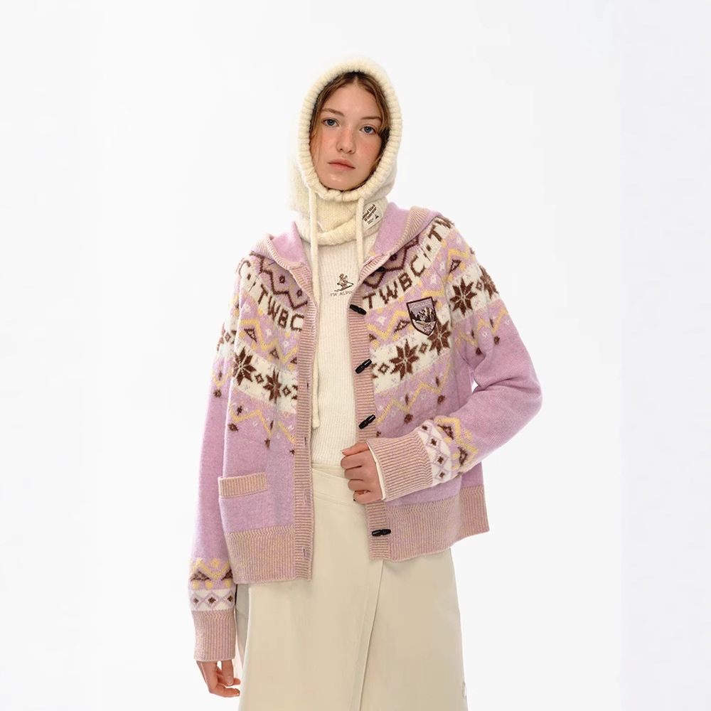 2026 Winter New Women's Hooded Duffle Coat Knit Sweater Fair Isle Jacquard Hooded Sweater Jacket