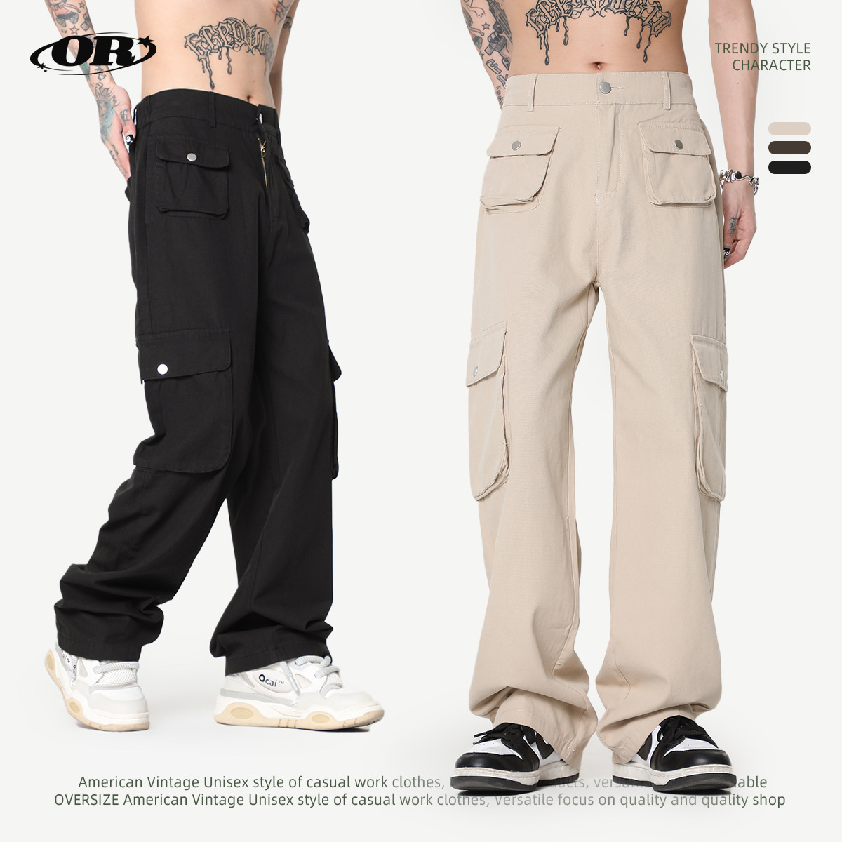 OREETA, multi-pocket spring and autumn American overalls men's retro wide-leg overalls women's straight black overalls