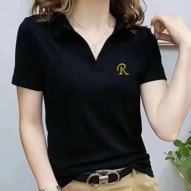 New Style Letter Embroidered Top Polo Collar Women's T-Shirt 210g 40 Count 1×1 Ribbed Cotton (92% Cotton 8% Spandex)