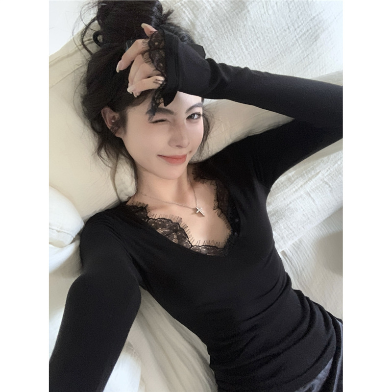 Pure Black Lace V-Neck Long-Sleeved T-Shirt Women's Early Autumn Sexy Inner Base Shirt Slim-Fit Tight Elegant Top