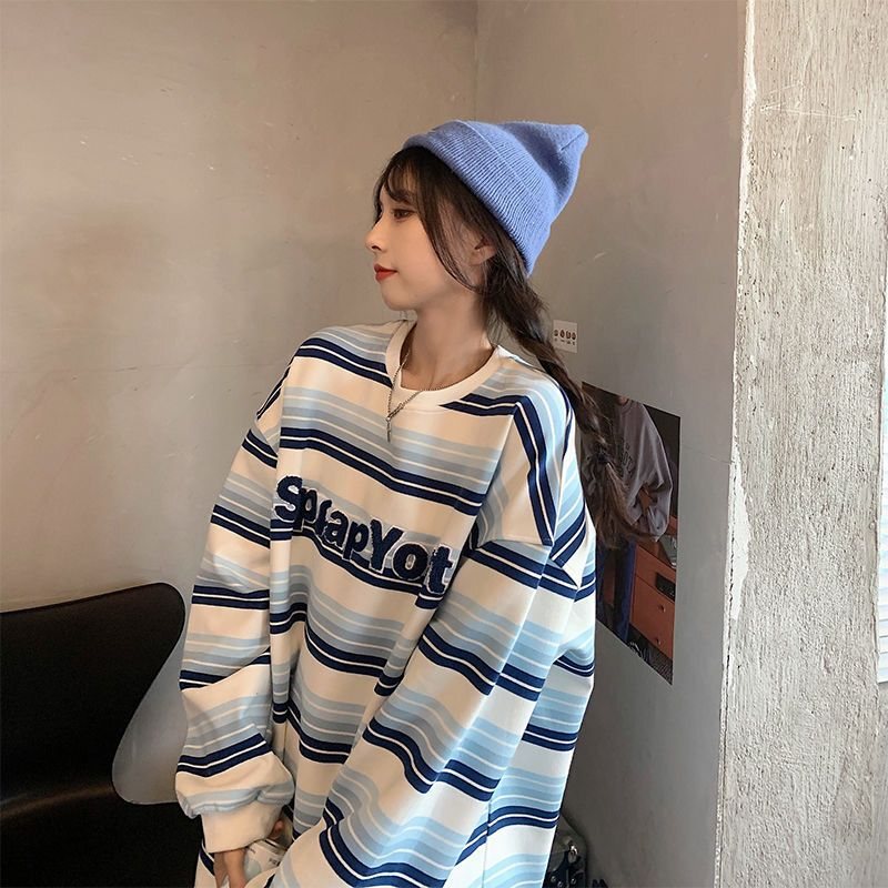 Hong Kong style chic fleece-lined striped sweatshirt for women, spring and autumn, Korean version, ins lazy style, loose fit, super popular student top Hong Kong style chic fleece-lined striped sweatshirt for women, spring and autumn, Korean version, ins lazy style, loose fit, super popular student top