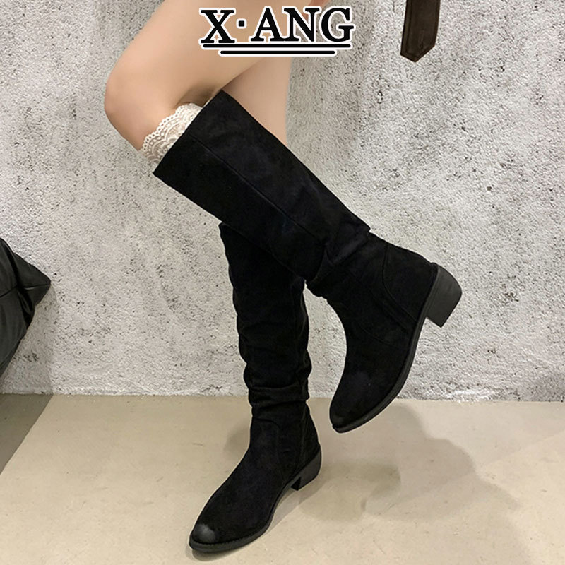牛皮版不过膝高筒靴子女长筒靴尖头粗跟褶皱堆堆靴西部牛仔骑士靴|undefined