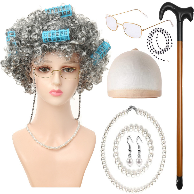 Halloween 100 days old grandma wig old grandpa old lady performance wig female curly COS party wig