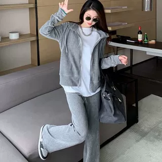 跨境运动套装女春秋季新款宽松连帽开衫卫衣外套休闲阔腿裤两件套