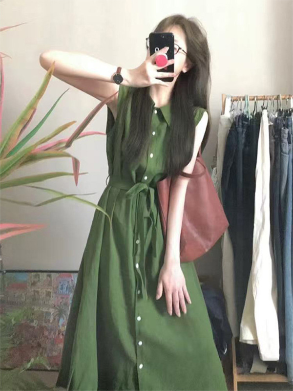 茶歇法式绿色棉麻背心连衣裙女2025夏感系带收腰显瘦气质长裙|undefined