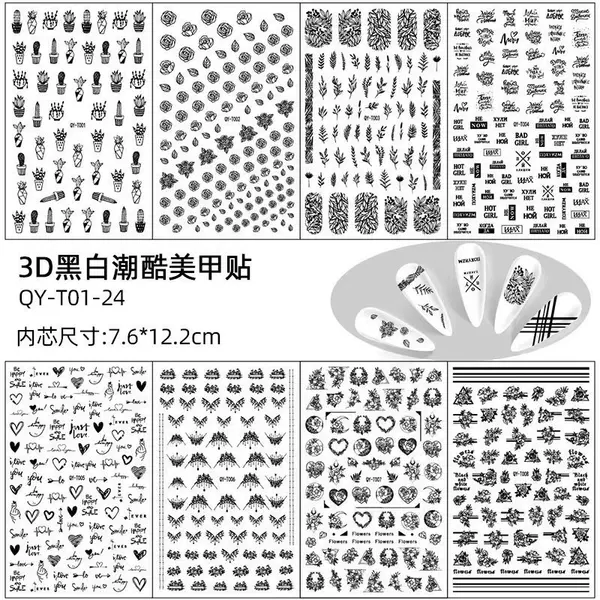Cross-Border European and American Thin and Durable Nail Stickers, Black and White Hollow Leaf and Human Face Full Stickers, Cactus 3D Nail Decals