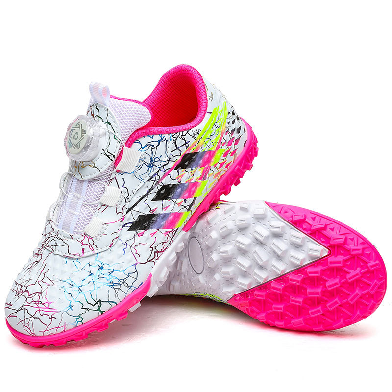 Nuevo botón giratorio sin lazos zapatos de fútbol niños y niñas TF clavos rotos zapatos de fútbol zapatos de entrenamiento