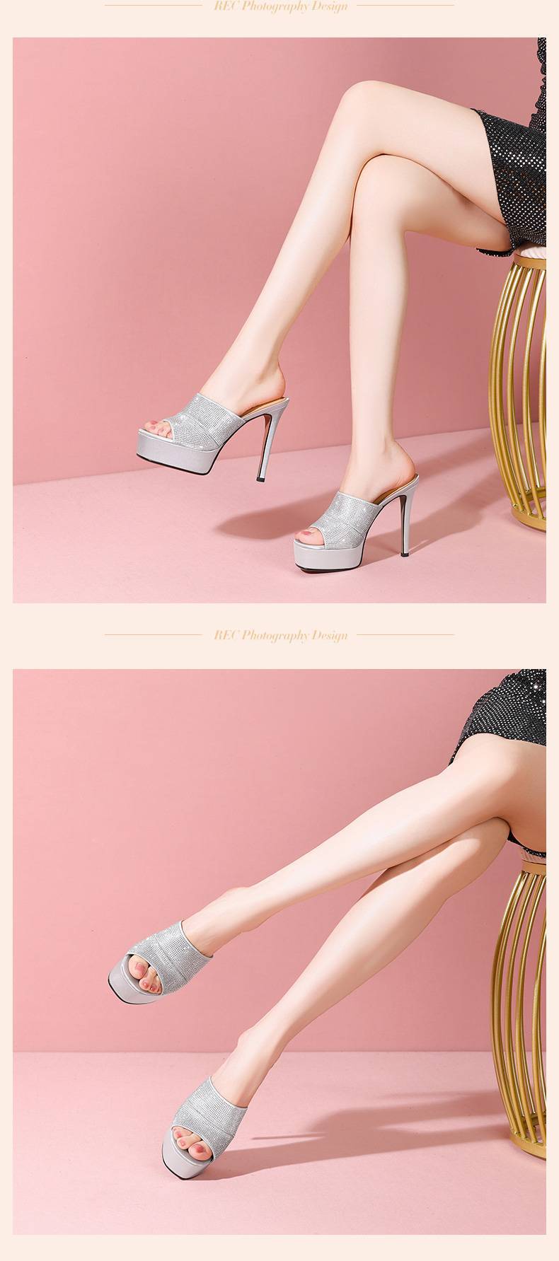 Sandal cao gót nữ quai một dây đính đá, gót nhọn 9 cm, đế platform — đen chi tiết 18
