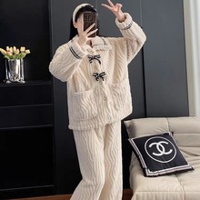 蝴蝶结睡衣套装女秋冬款珊瑚绒家居服法兰绒甜美公主风保暖套装