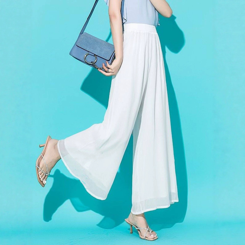 Ice Silk Chiffon Wide-Leg Pants for Women, Summer Thin Style, Loose Fit, Versatile, Drapey, Flowing, Straight-Cut, High-Waisted, Cropped, Casual