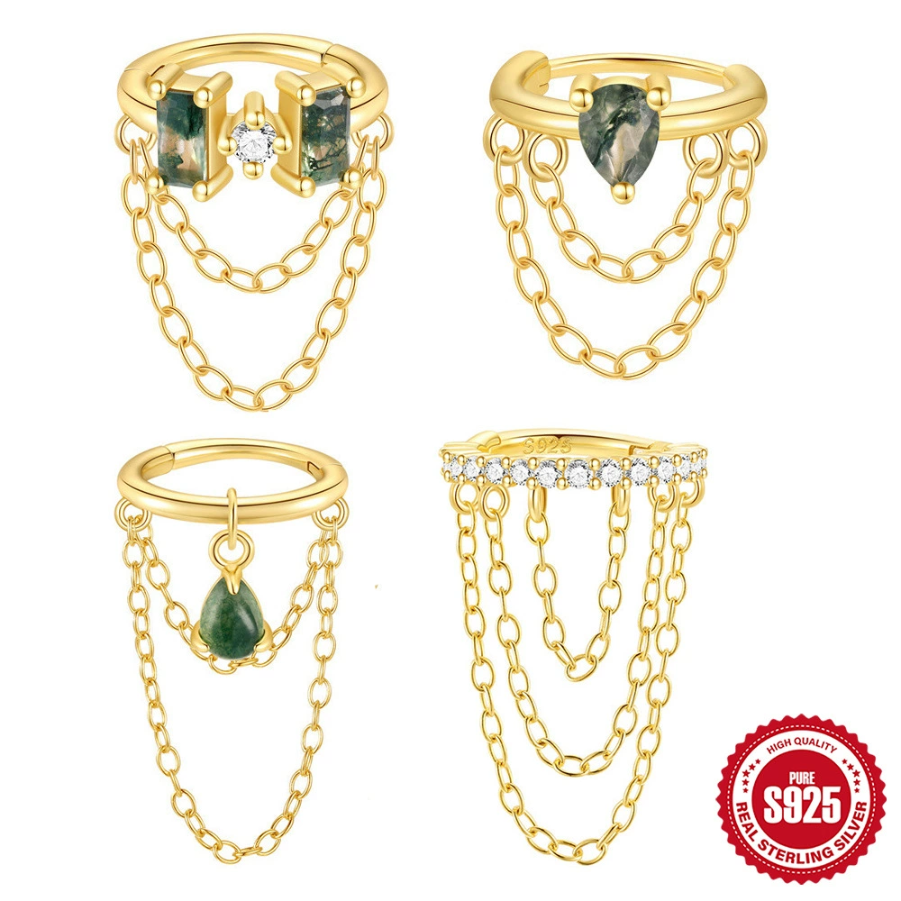 Серебряные серьги-клипсы S925 с натуральным моховым агатом в форме капли воды, бестселлер Amazon, с цепочкой и кисточкой, для женщин