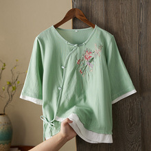 民族风上衣夏季薄款女装高档棉麻衬衫宽松大码遮肚子显瘦冰丝衬衫