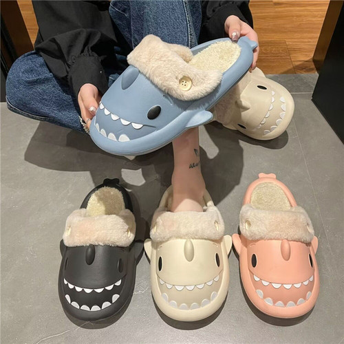 Cute cotton slippers for indoor warmth in autumn and winter. Couples and women's slippers Shark removable and washable liner