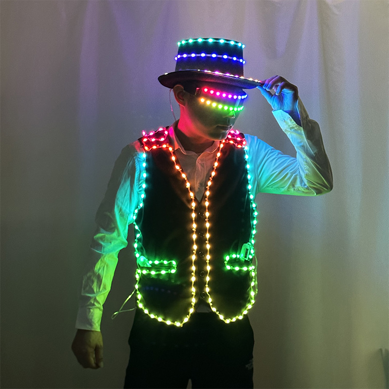 Bar chaleco LED luminoso pantalones de baile vestido de bebida espectáculo de baile ilusionario sombrero LED luminoso apoyos de fiesta de la noche