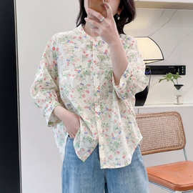 2319洋气圆领花草印花褶皱七分袖娃娃衫 女2026春夏新款显瘦上衣