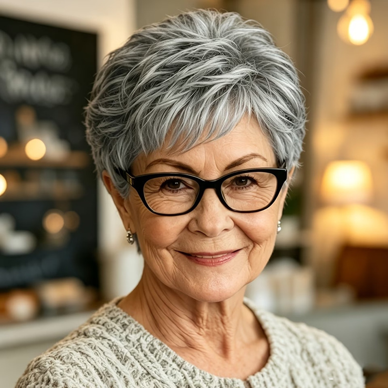 European and American Style Silver-Gray Short Synthetic Wig for Women, Layered Slanted Bangs Pixie Short Hair High-Temperature Fiber Wig in Stock