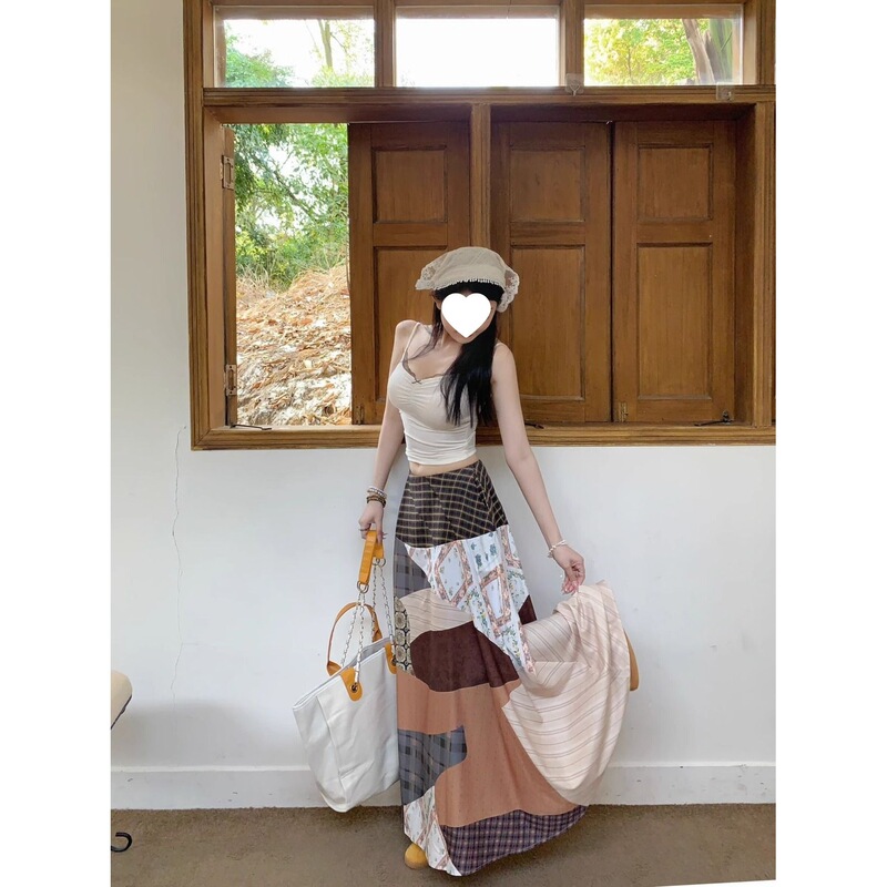 Bohemian Style Loose-Fitting Skirt for Women, Vacation Style, Trendy, Fashionable, Artistic Patchwork Long Versatile Skirt