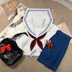 正規版オリジナルホワイトカラー青三冊セーラー服学院風基礎jk制服海軍襟中間制服女性スーツ