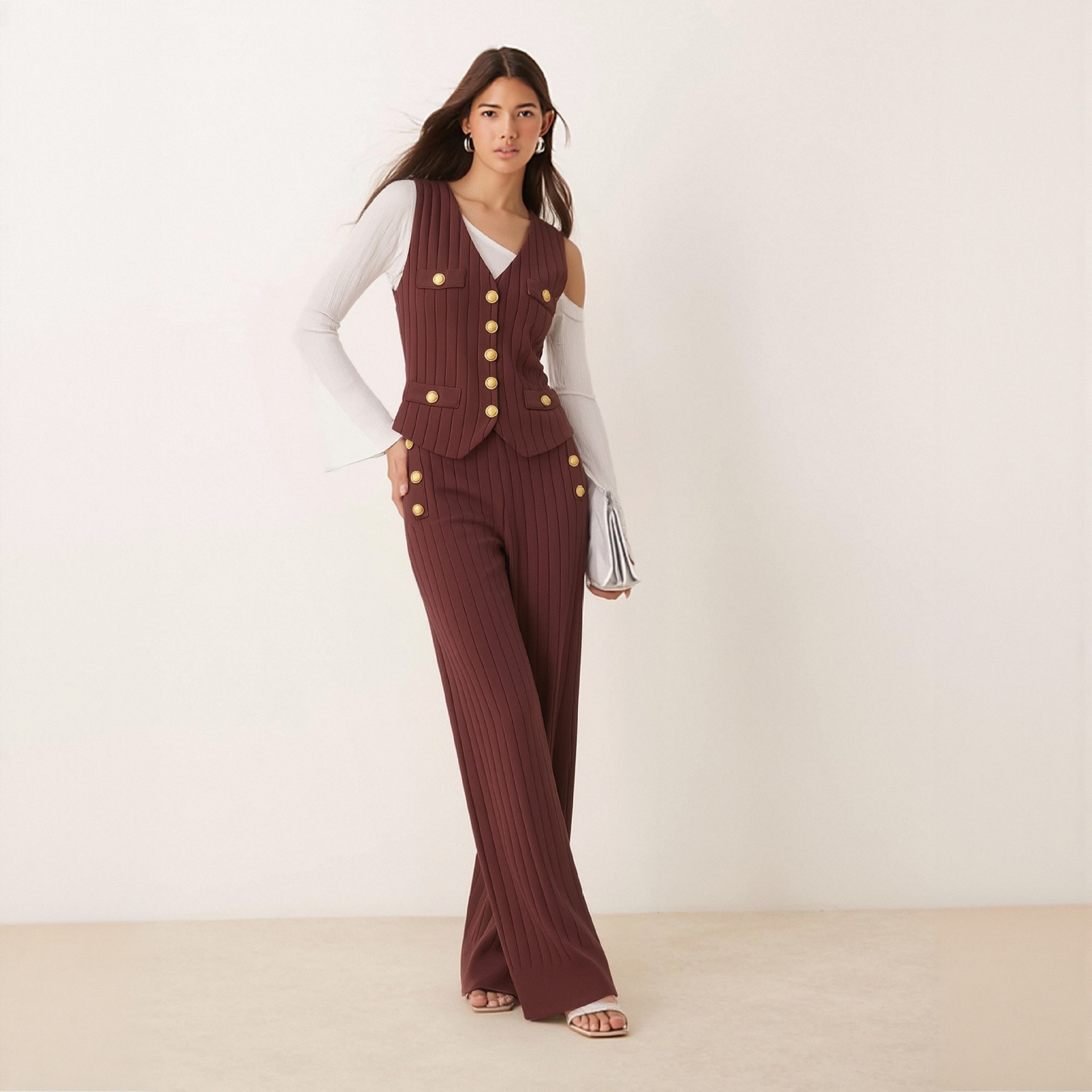 Women's Knitted Two-Piece Suit Fashionable Metal Buckle Woolen Top And Loose Wide Leg Pants High-End Pant Set_ecoleips.com