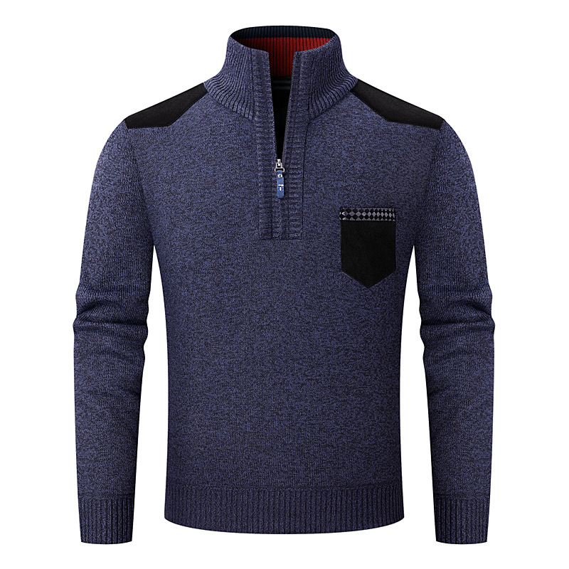 Suéter masculino de malha com forro de lã e meio zíper – Pulôver térmico respirável com gola alta_voghion.com
