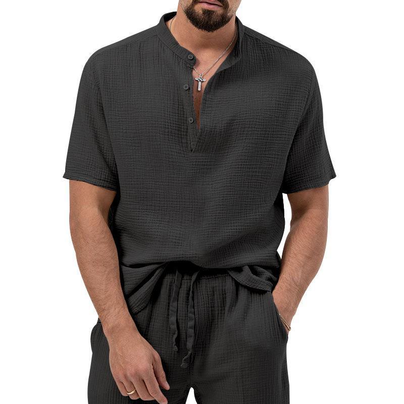 Men's Casual 3-Piece Outfit, Short Sleeve T-Shirt & Shirt With Trousers, Solid Color Summer Lounge Set_viptrois.com