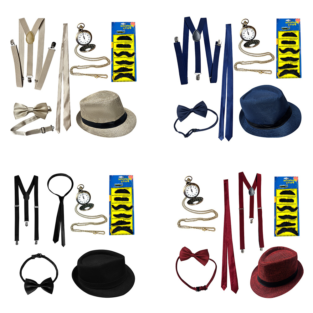 Accesorios de los años 20, sombrero de hombre estilo Gatsby para fiesta de baile, reloj de bolsillo, cordón, corbata, conjunto de sombrero, venta al por mayor image 5