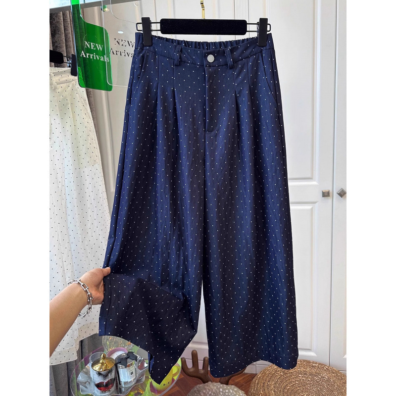 FYQ--ウォッシュドコットン水玉ワイドレッグパンツ女性の夏の新しいハイウエストドレープ9点カジュアルストレートパンツ|undefined