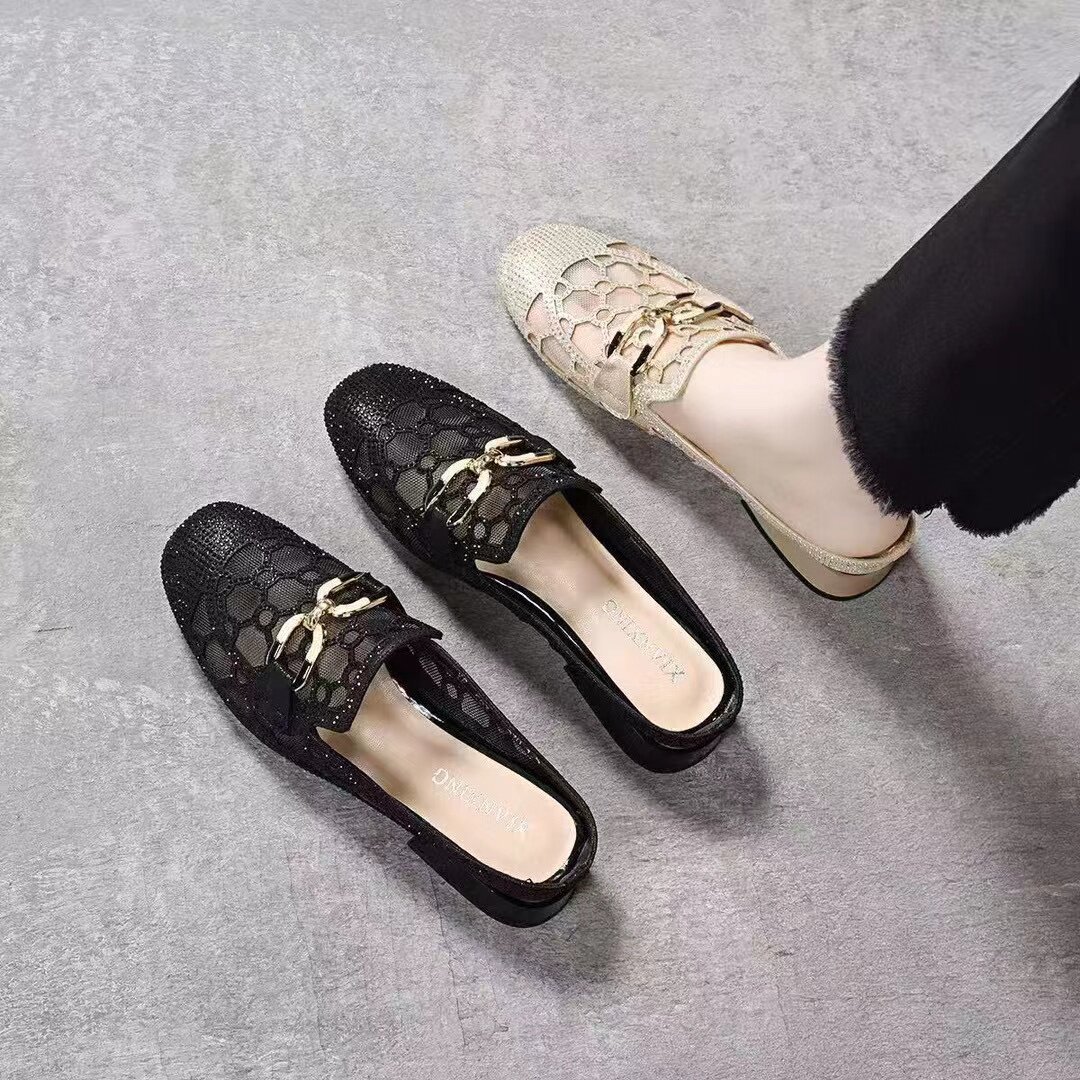 Dép sandal nữ mũi vuông lưới sợi gót thấp thoáng khí — màu đen